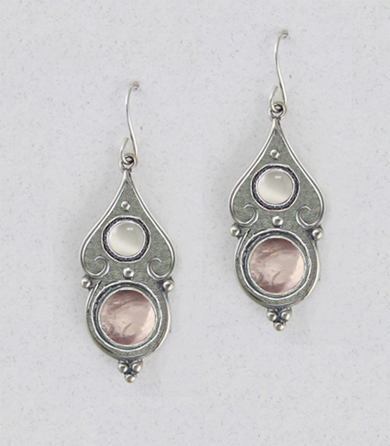 Sterling Silver Gothic Look With Rose Quartz Gemstone Drop Dangle Earrings